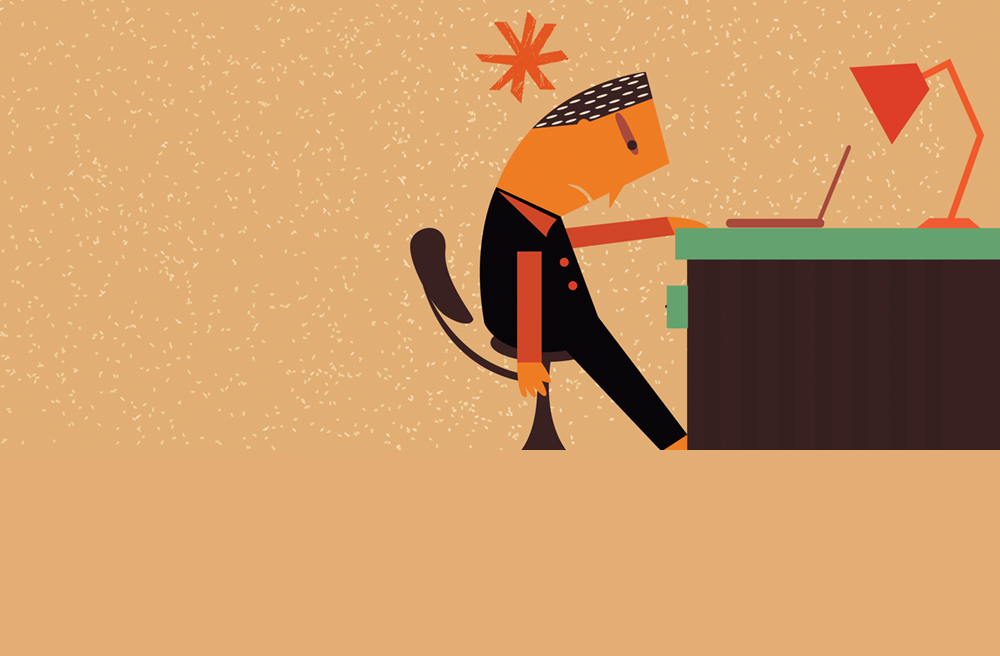 Artistic rendition of a stressed man slumped over his desk