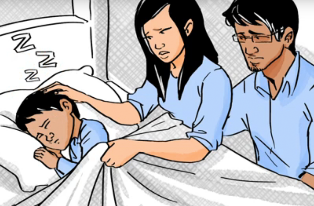 Drawing of concerned parents and their sleeping child